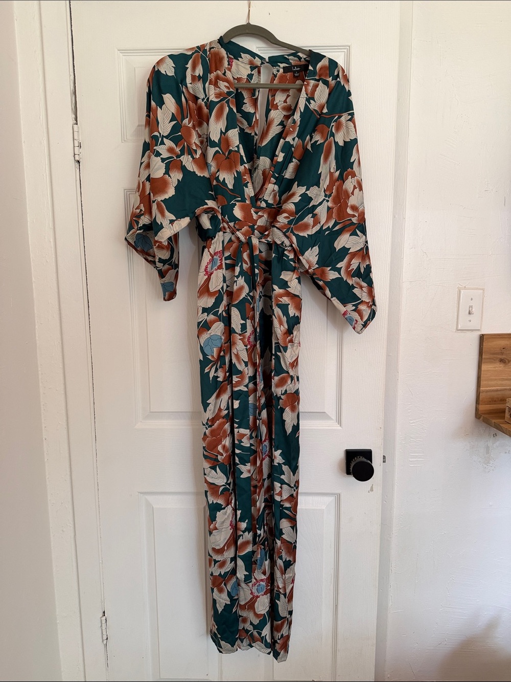 Lulu's Teal Floral V-Neck Jumpsuit with Coral & White Blooms - Picture 3 of 3